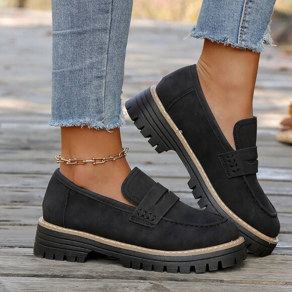 Lug Sole Platform Mid Chunky Heel Loafers Classic Round Toe Slip On size 9 - Picture 1 of 10